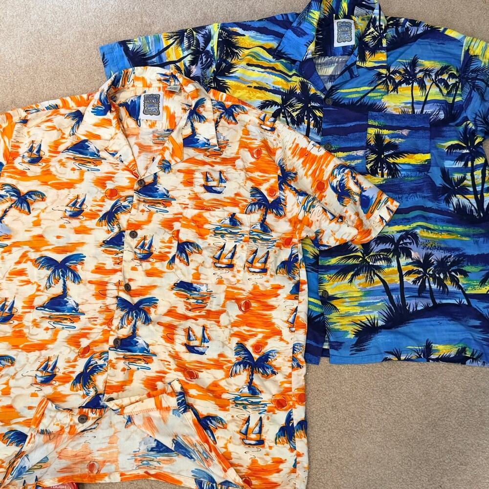 Ocean Current Rayon Aloha Shirts set of 2 Blue Sunset & Orange Sailboay SZ M